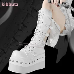 Diamond Knee High Boot Platform Glossy Genuine Leather Round Toe Belt Buckle Lack-Up Solid White Fashion Subculture Y2k Hot Girl