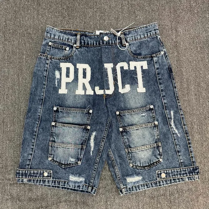

Project Capri Vintage Distressed Letter Embroidery Denim Shorts Retro Washed High Waist Summer Casual