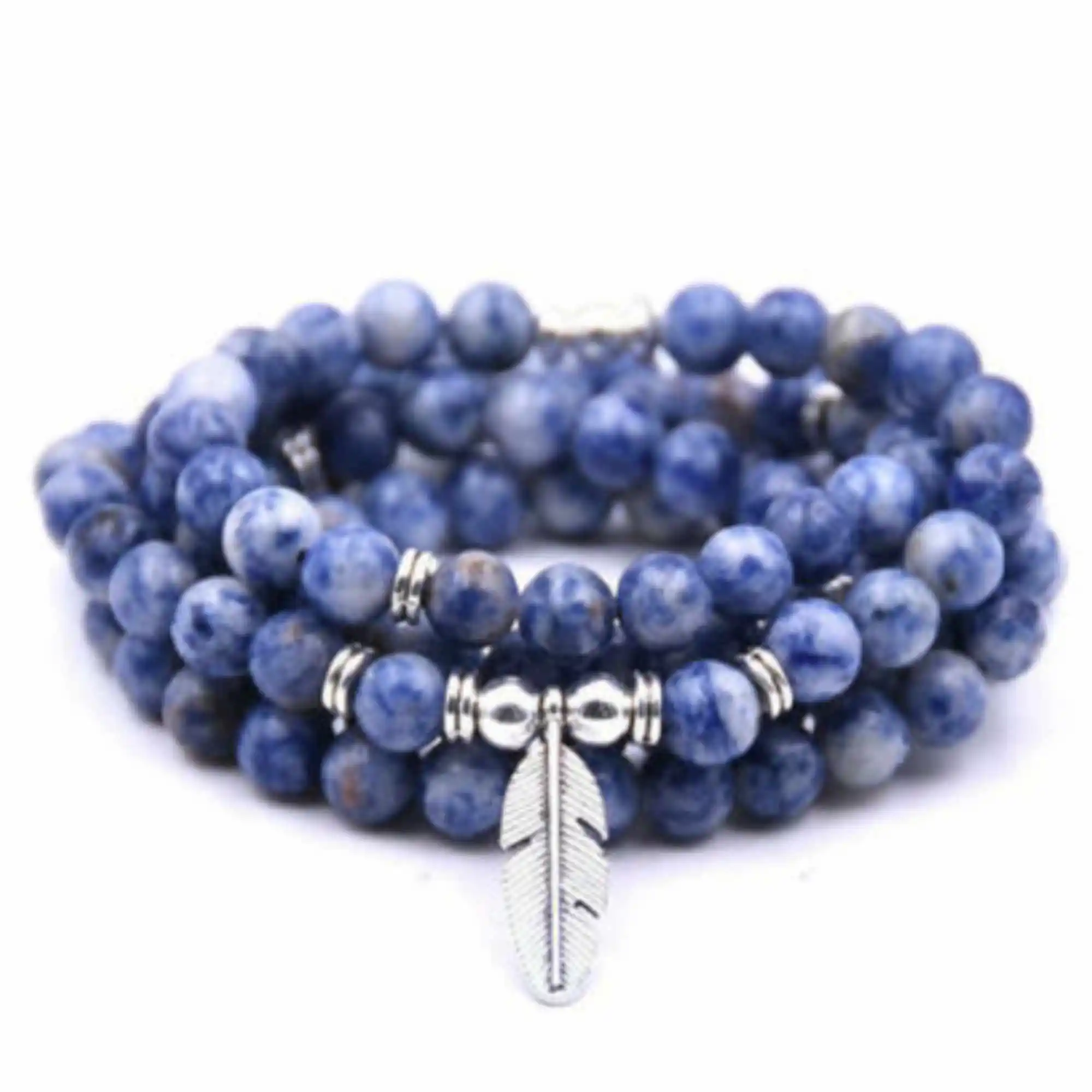 

6mm Blue Stone Bracelet 108 Beads Leaf Buddha Pendant Meditation Japa Wear Men's Charm Teens Trendy Yoga Mala Bangle Prayer