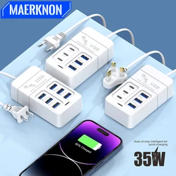 6 Ports 35W Fast Charging Charger 3 USB 3 Type C Desktop Multifunction Power Charger Adapter For Home Office School Travel Room