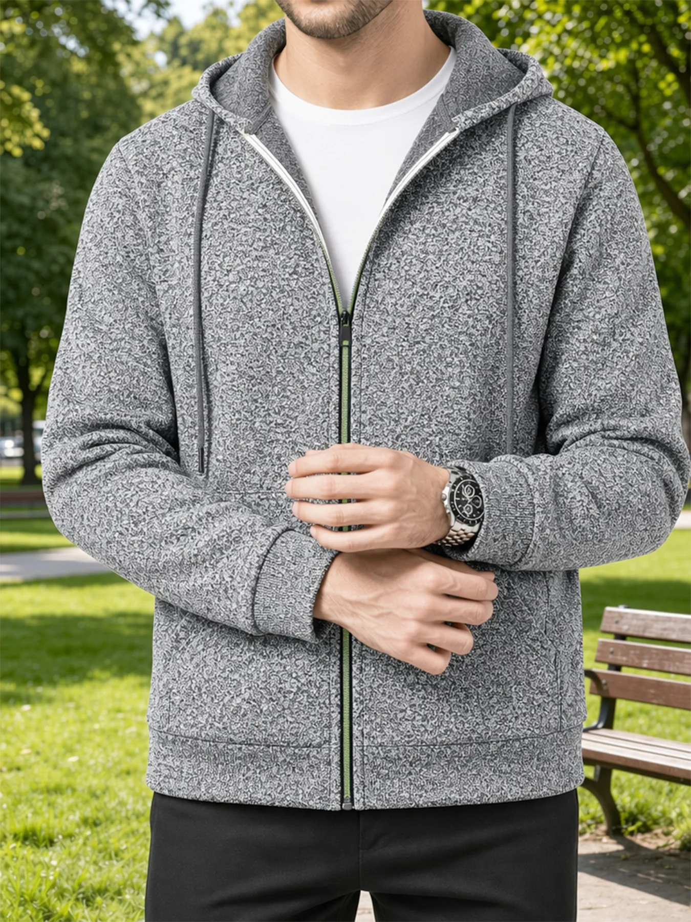 Drawstring Hood Men Heather Full Zip Hoodie Jacket Long Sleeve Side Pockets Ribbed Cuffs Casual Street Outerwear