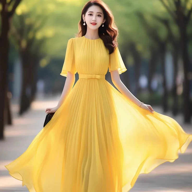 

2025 New Female Summer Bohemian Beach Vacation Beach Dress Style Yellow Big Swing Long Dress Women's Summer Clothing Vestidos