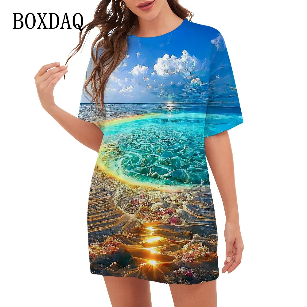 2023 Summer Dresses Fashion 3D Printed New Pattern Landscape Beach Women Oversized Clothing Short Sleeve Rainbow Scener Dress