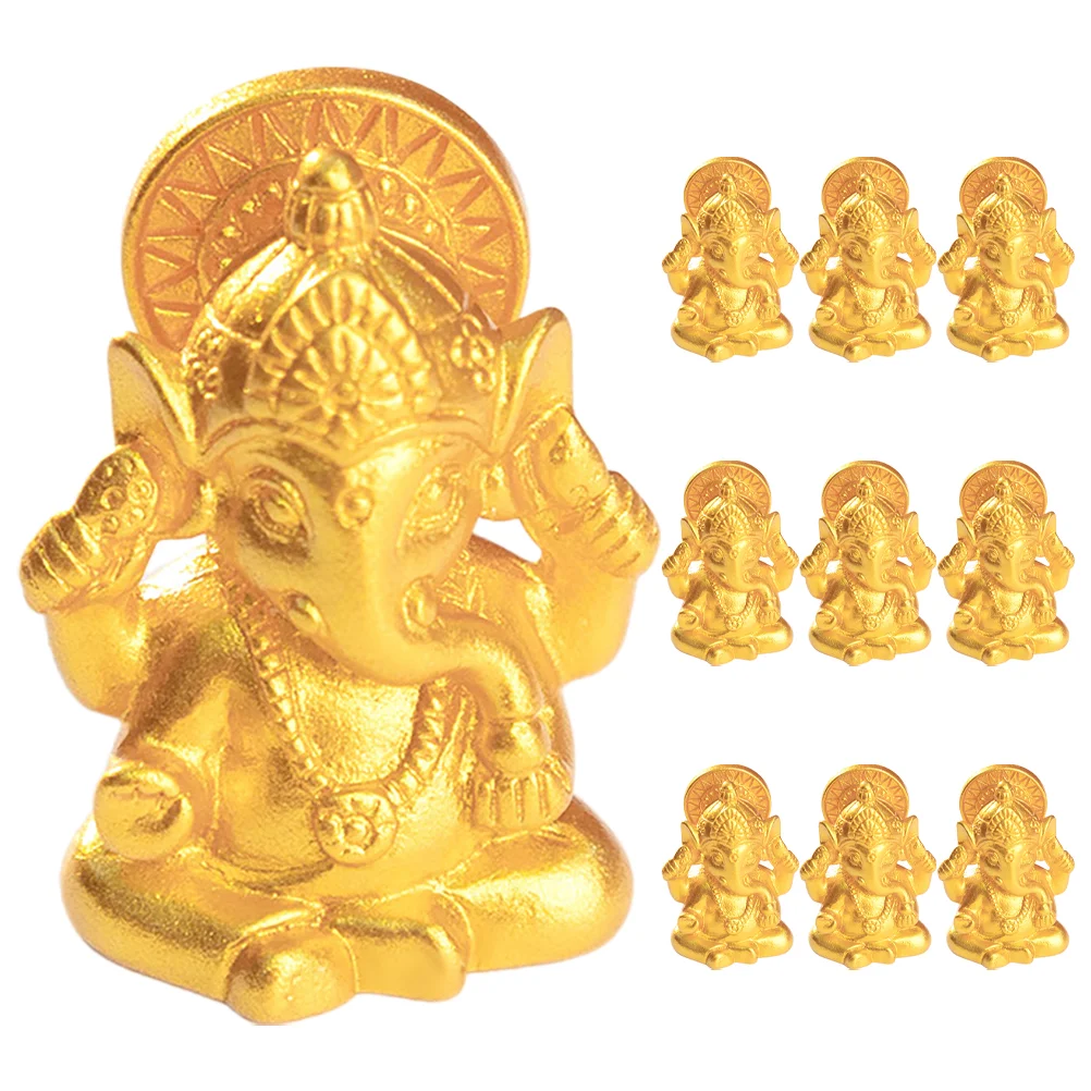 10 Pcs Buddha Statue Miniature Landscape of Ganesha Handmade Elephant Sculpture Car Temple Décor Golden Office