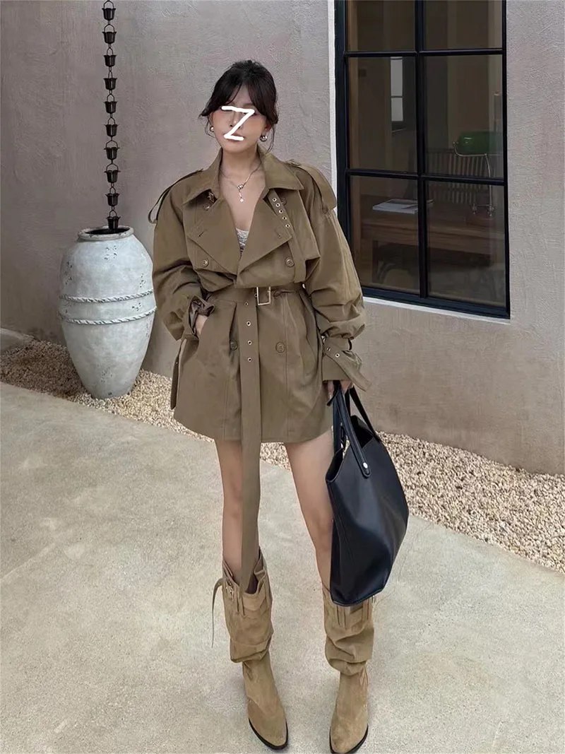 

Retro Hong Kong Sle Double Breasted Coat Women's Autumn Winter Loose Fit Waist Cinched Workwear Jaet Trendy Commute