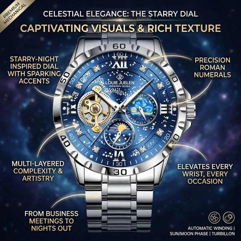1pc Starry Sky Mechanical Watch, Hollow Design, Metal Strap, Men's Trendy Wristwatch