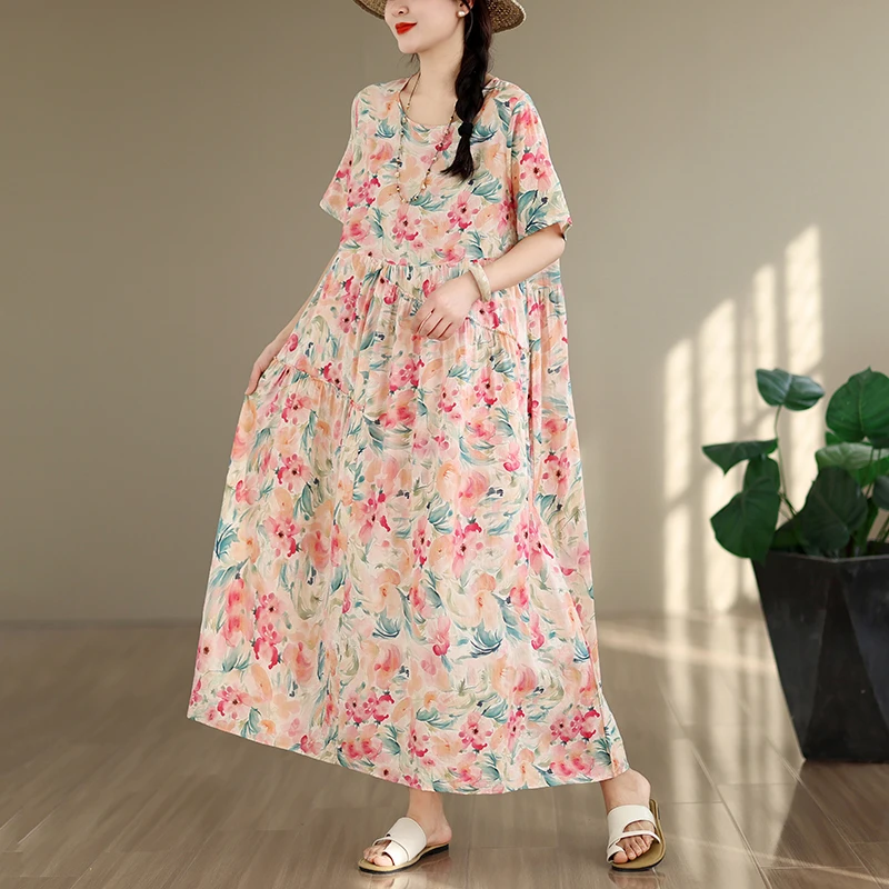 

Summer 2026 plus Size Loose Hem Short Sleeve Dress Flared Skirt Effect Super Slimming Large Size Dress Elegant Feeling
