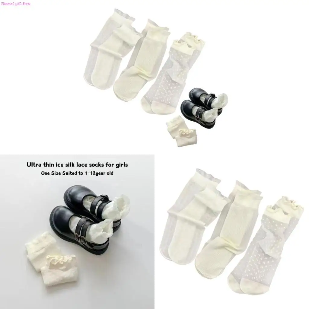 D0JC 3Pairs Girl Lace Trim Socks Breathable Ice Silk Socks Child Dress Foot Warmer
