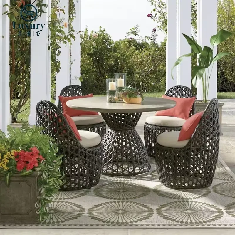 Solid Concrete Table Commercial Grade Garden Poolside Furniture Hand Braided PE Rattan Outdoor Dining Set