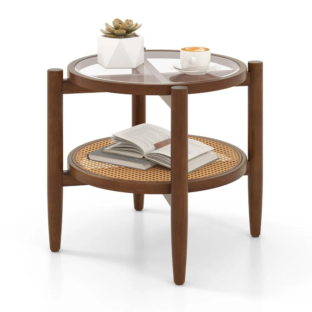 2-Tier Round PE Rattan End Table Tempered Glass Tabletop Acacia Wood Legs