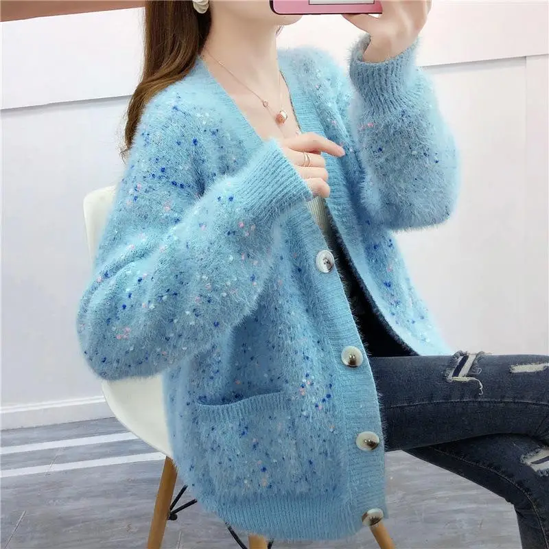 2024 Autumn and Winter New Style Imitation Mink Knitted Cardigan Women's Korean Version Top Loose Sweater Coat Women's Top