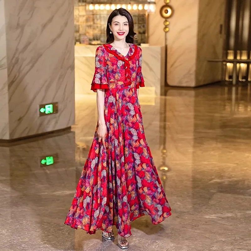 

New Women Colorful Leaves Print Dress Spring Summer Chic Ruffled V-Neck Half Sleeve Long Dress Casual Holiday High Waist Dress