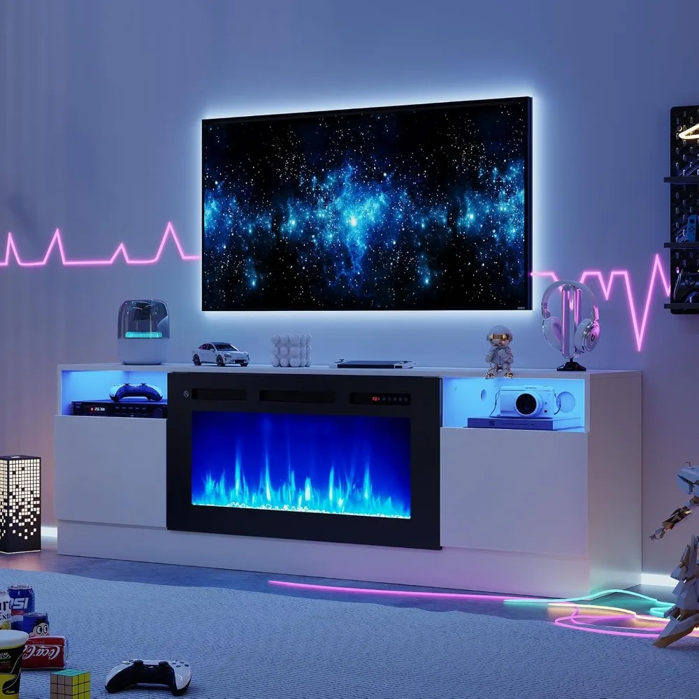 حامل تلفزيون مدفأة، مركز ترفيه بإضاءة LED لأجهزة التلفاز حتى 80، باب عالي اللمعان، وحدة تحكم تلفزيون حديثة لغرفة المعيشة #3