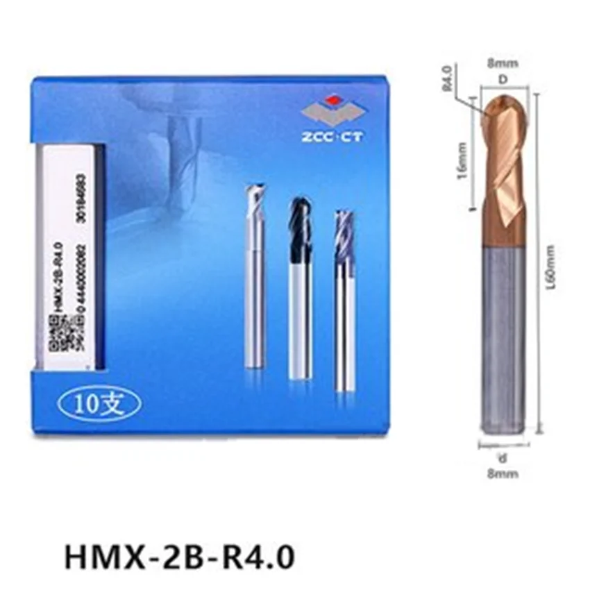 HMX-2B-R4.0 ZCC.CT HMX-2B Two edge straight shank ball end mill D8.0R4.0*8*16*60 2F Ball Nose End Mill 2 Flutes Ball End Mills