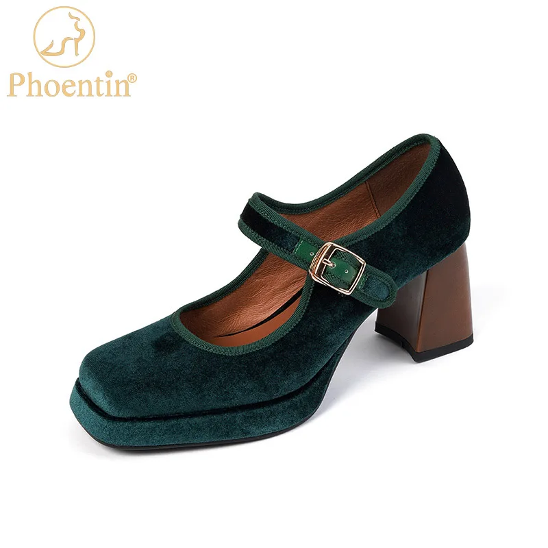 Phoentin Retro Velvet Mary Jane Shoes for woman 2022 Autumn new  high heels Pumps Ladies Elegant Party shoes green red FT1975