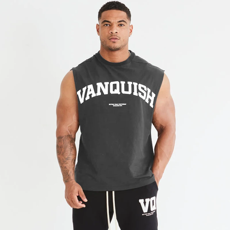 Streetwear casual loose men's vest front and back print fashion summer new sleeveless wide shoulder round neck fitness top