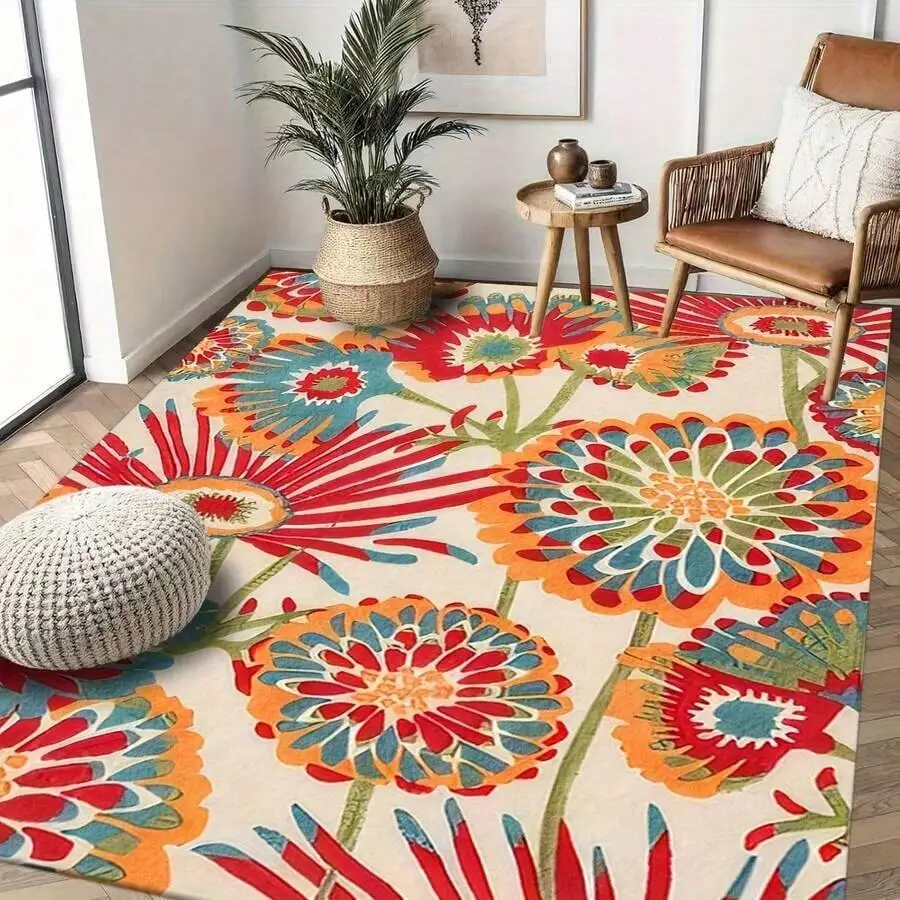 Vibrant Floral Pattern Area Rug Flannel Material Non-Slip Rubber Backing Machine Washable