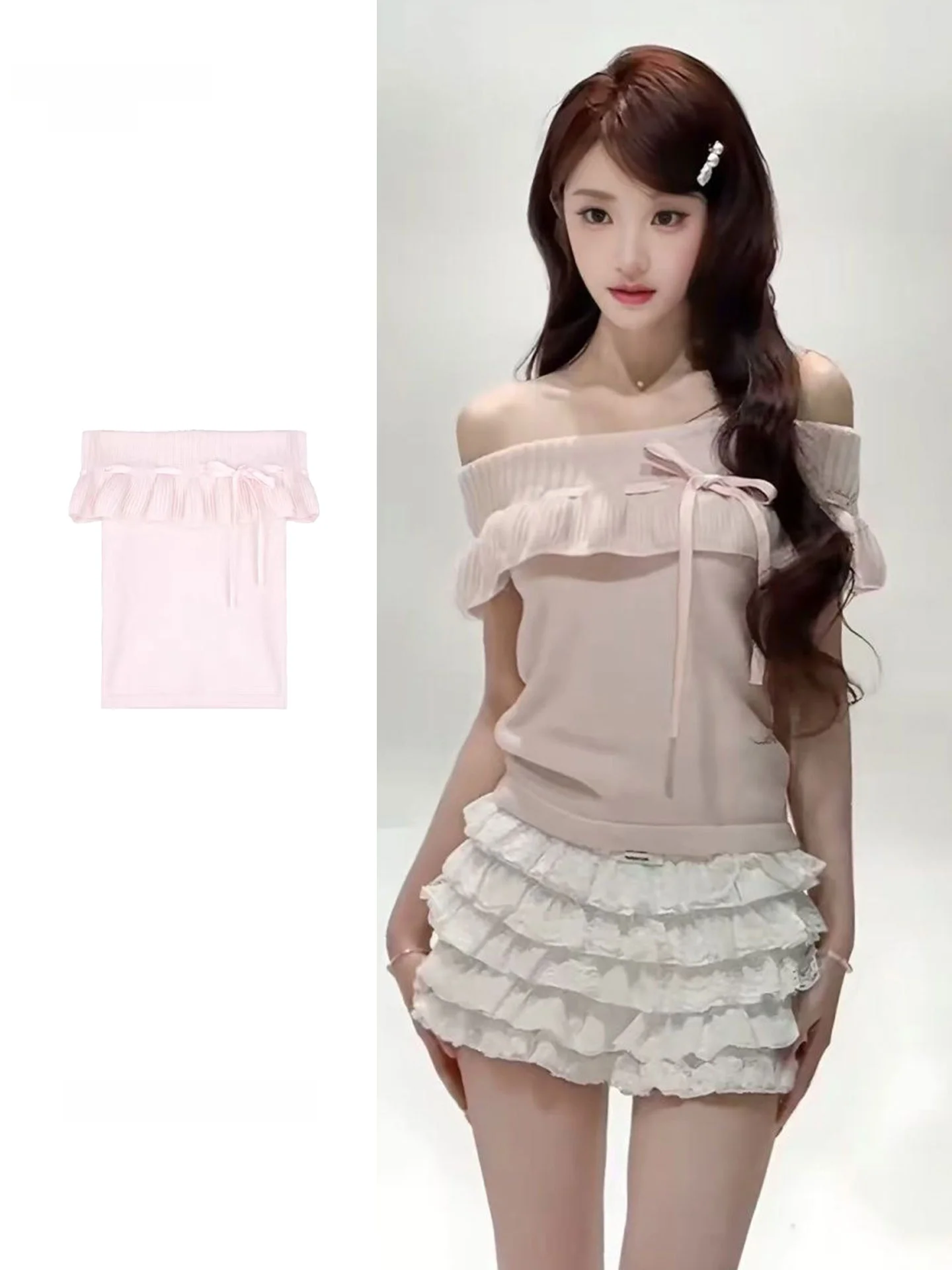 Sweet Pink Girl Style One Shoulder Bowed Knitwear Summer Pleated Slimming Design Princess Style Women's Fashion Top