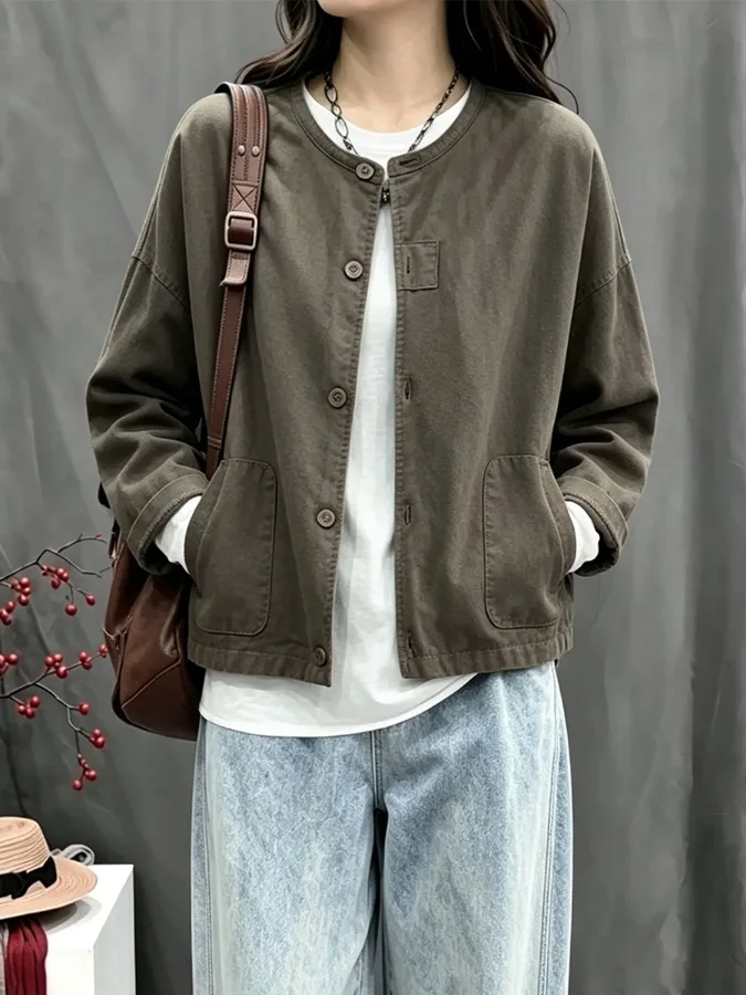 Casual Loose Fit Short Sleeve Long Jacket Thin Outerwear Pure Color round Neck Button up Women's Autumn Fashion Outerwear