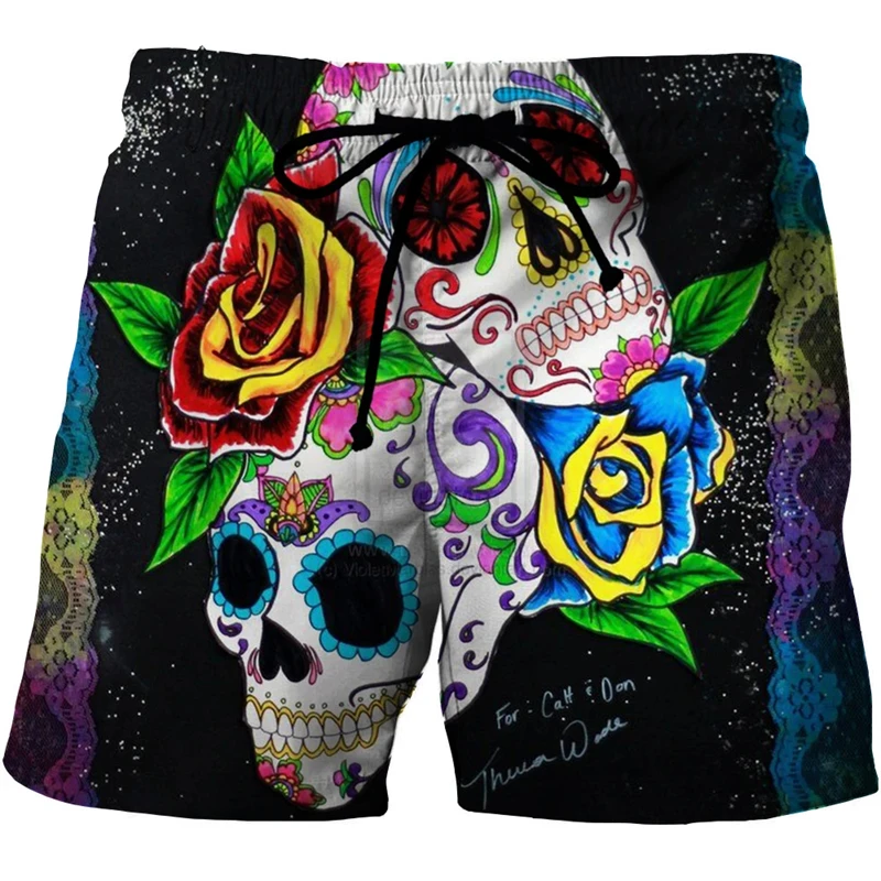 New Style Causul Hawaiian Skull 3D Printing Beach Shorts Skeleton Graphic Short Pants Men Seaside Vacation Loose Shorts Summer