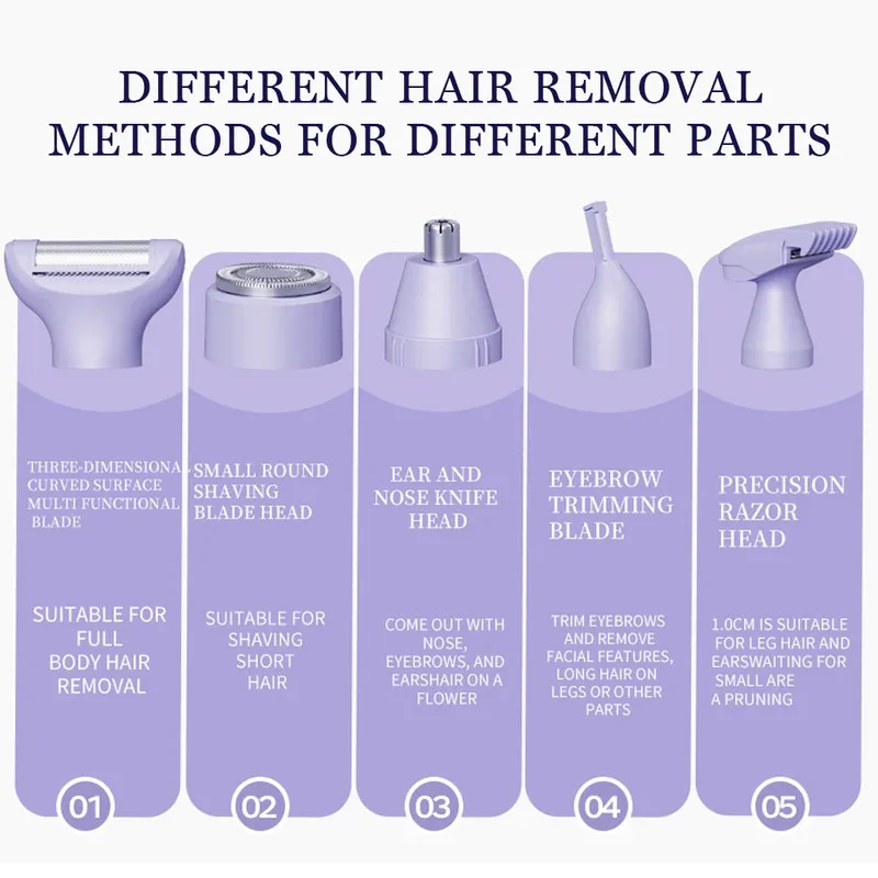 5 in 1 Electric Razor for Women Shaver Lady Shaver Body Hair Trimmer for Armpit Bikini Arm Leg Face Mustache Portable Painless