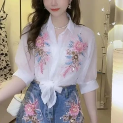 Heavy Industry 3D Flower Sun Protection Shirt Women Heavy Industry Beads Diamond-Embedded Shirt Spring Summer Sweet Loose Top