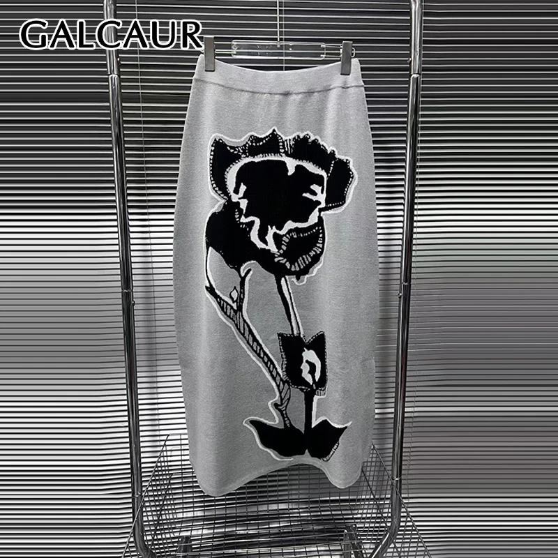 

GALCAUR Gary Color Spliced Large Flower Skirt For Women High Waist Fashionable Casual Long Skirt Female Autumn New Style Clothes