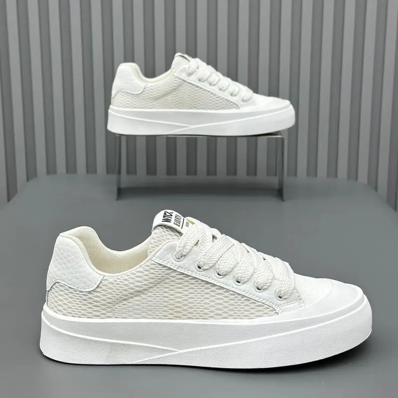 

Unisex Ventilated Mesh Low Top Casual Trainers, PU Leather Trim Shock Absorb Chunky Midsole Minimal Street Kicks