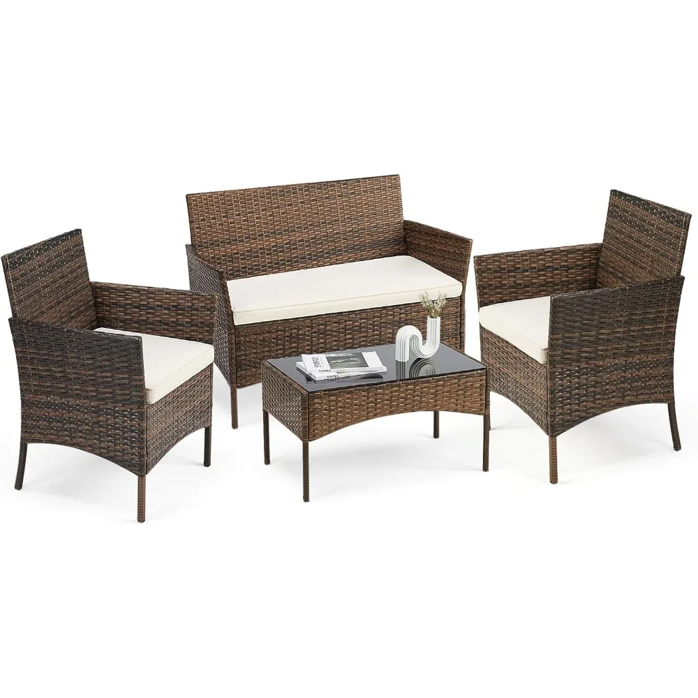 

4 Pieces Patio Furniture Set Outdoor Furniture with Soft Cushion and Glass Table All Weather Weaving Wicker Rattan Patio Chairs