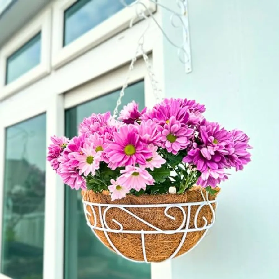 

Набор из 4 белых подвесных кашпо для уличных растений, 14 дюймов, с кокосовым вкладышем, металлические проволочные корзины-горшки с крючками для подвешивания, для балкона