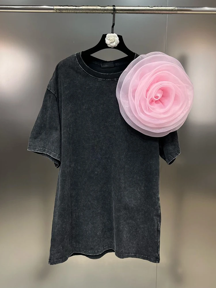 Imagem -03 - Deat-t-shirt Feminina Decoração Flor 3d Manga Curta Gola Redonda Solta Monocromática Nova Moda Outono 2023 11xx8513