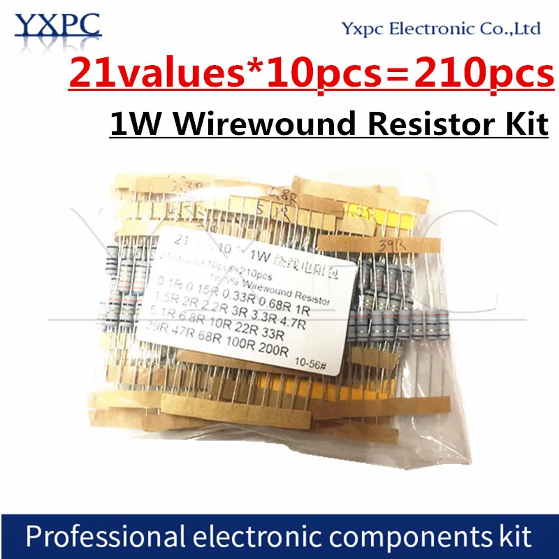 21values*10pcs=210pcs 1W 5% Wirewound Resistor Kit  0.1 0.15 0.33 0.68 1 1.5 2 2.2 3 3.3 4.7 5.1 6.8 10 22 33 39 47 68 100R ohm