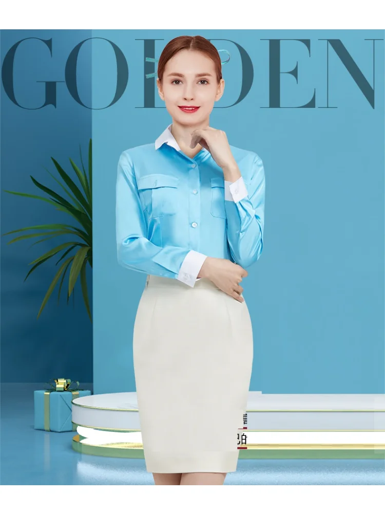 Zuid-Koreaanse Stewardess Interview Etiquette Pak Glanzend Volledige Mouwen Shirt Korte Mouwen Rok Blauwe Schort S-2XL