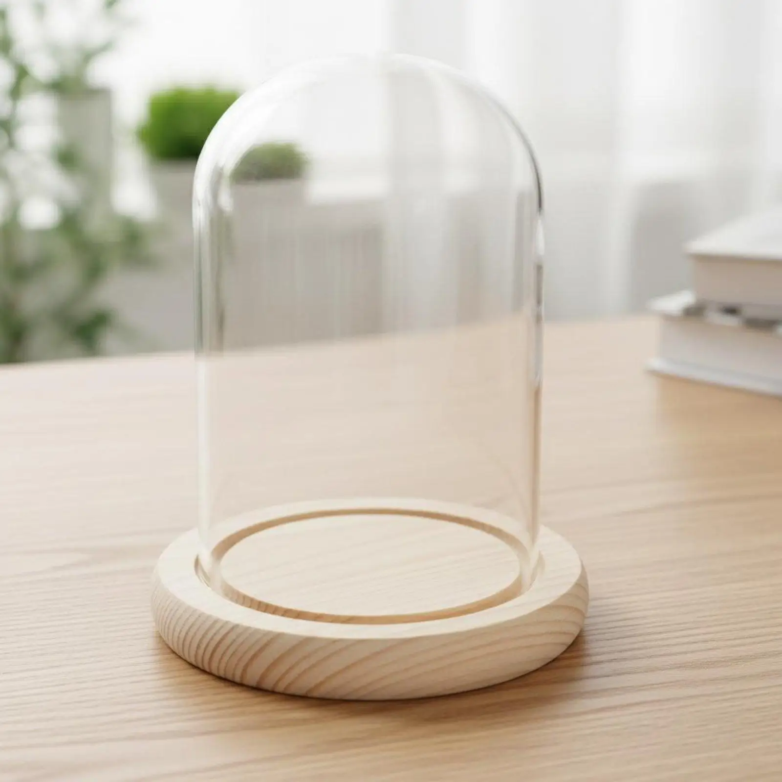 Glass Showcase Cloche for Miniatures Dust Shield Cover with Wooden Base for Interior Decor