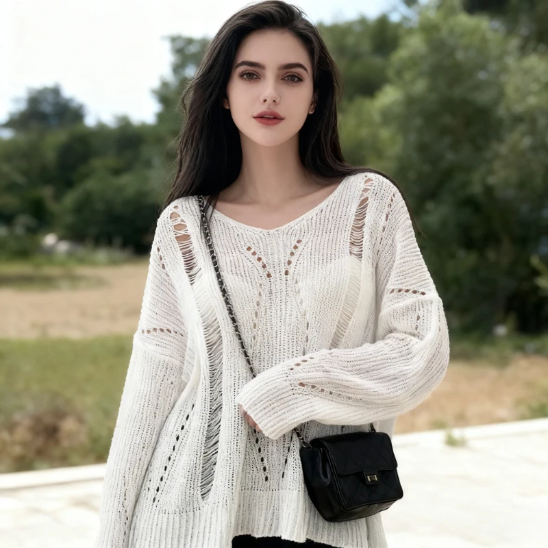 

Корейская тонкая однотонная повседневная трикотажная рубашка с v-образным вырезом, весна и лето, новые свободные топы с длинными рукавами в ленивом стиле 18