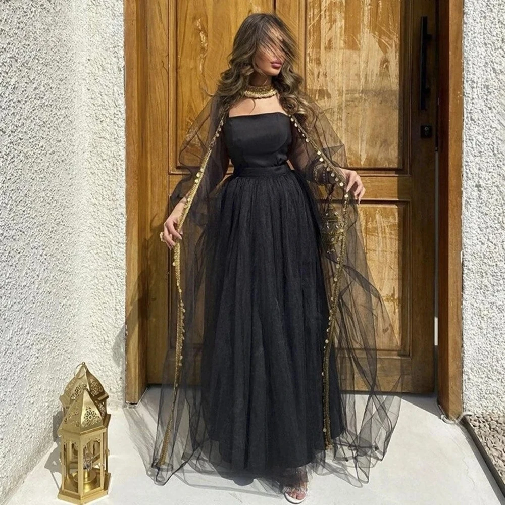 

Customized Dubai Evening Dresses Strapless Black Dinner Gown Outfits for Women Gold Decoration Wraps Long A-line Formal Dresses