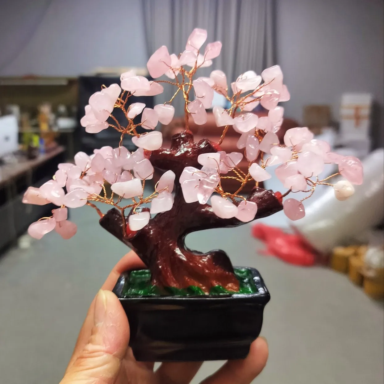 Natural crystal pink lucky tree ornament home living room TV cabinet opening gift fortune tree