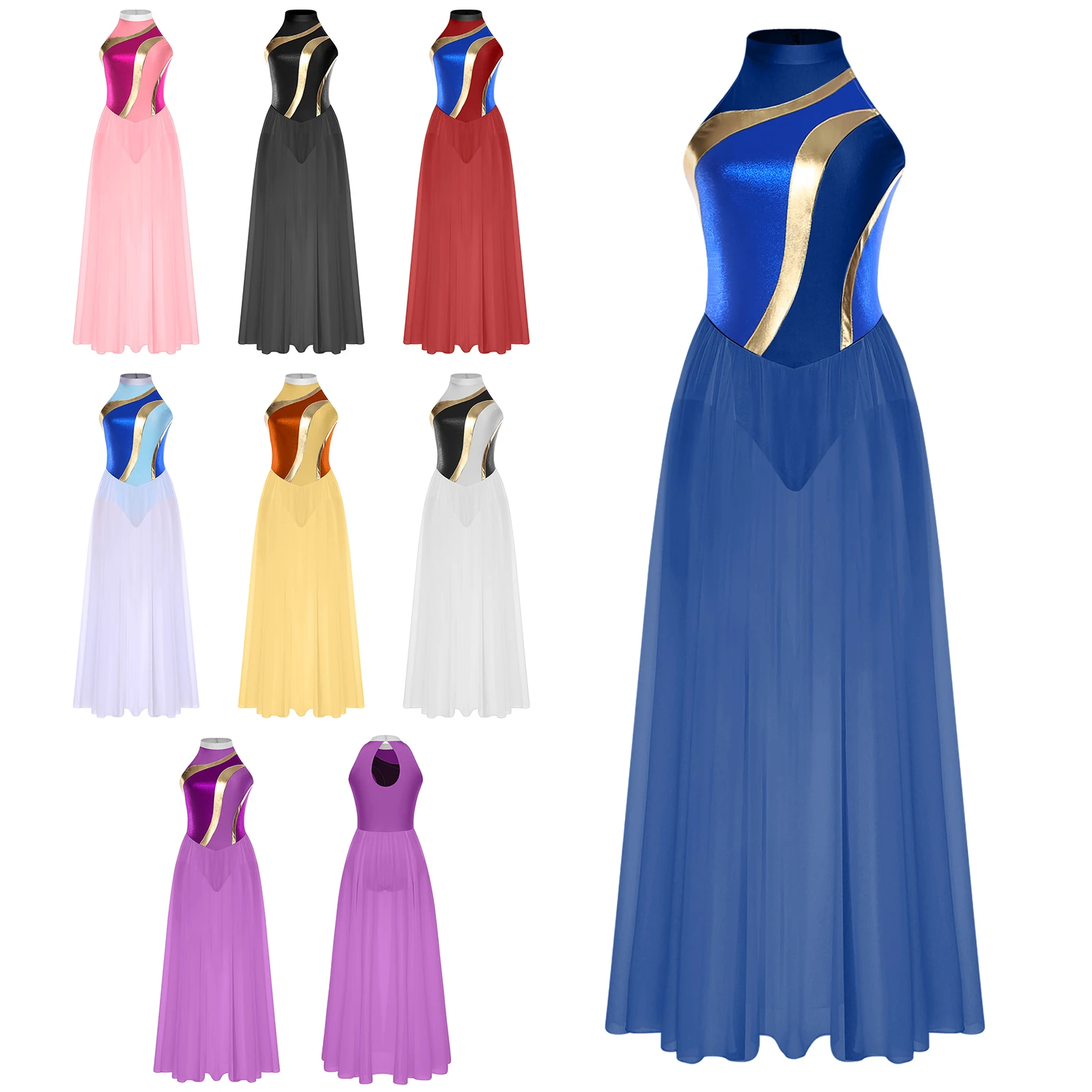 ‌ فستان رقص غنائي رشيق من الشيفون للنساء برقبة وهمية وأزرار ضغط بدون أكمام للعروض المعاصرة