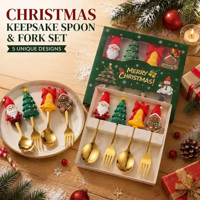 2Pcs Christmas Themed Spoon Fork Set With Cute Santa Gingerbread Tree Handles