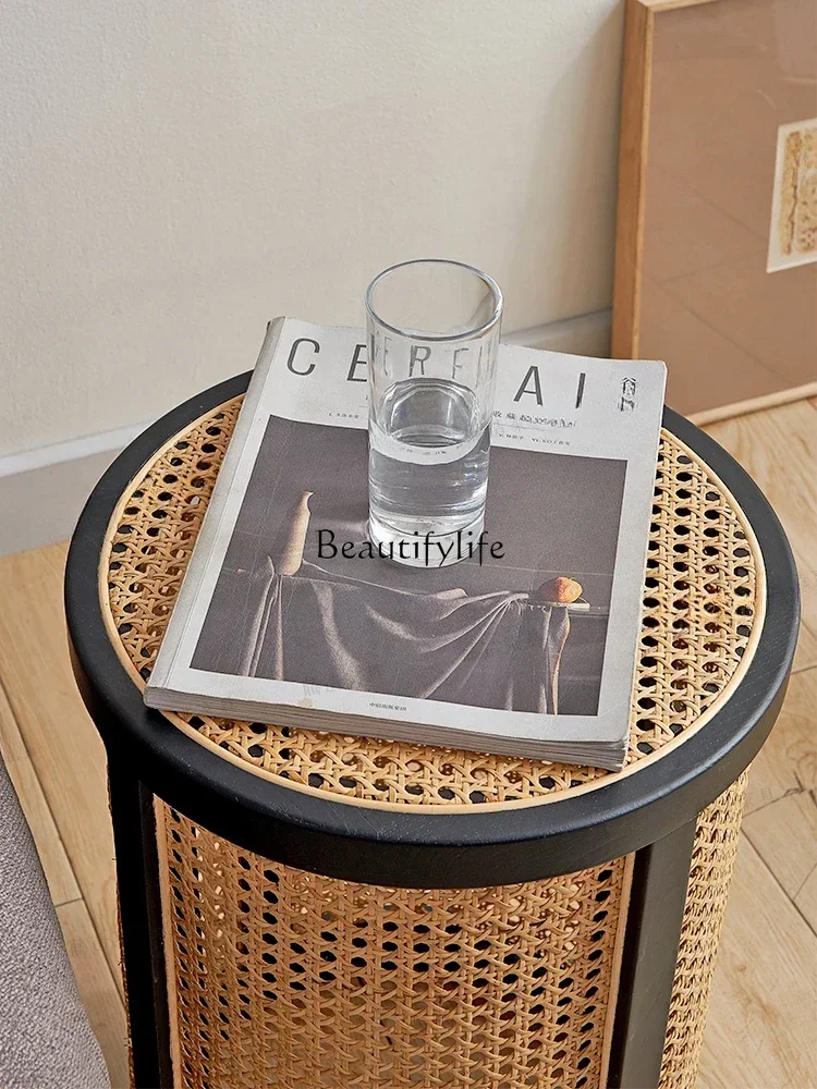 

54Solid Wood Side Table Nordic Retro Rattan Chair Simple Black Household Coffee Table