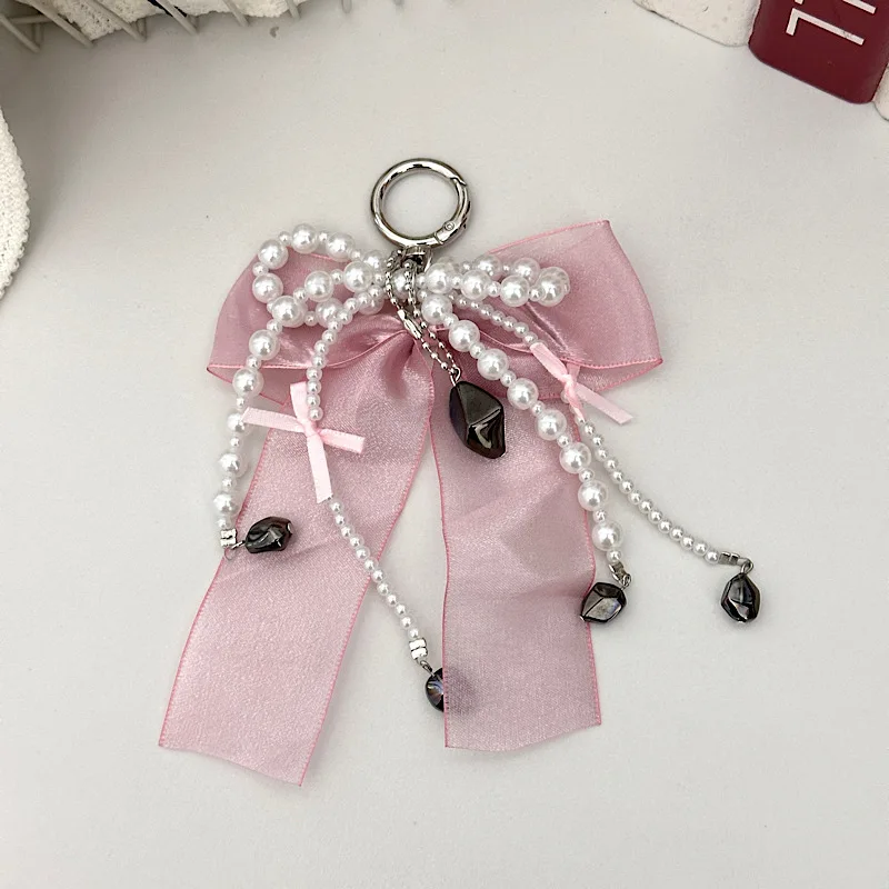 Catena per telefono con fiocco in garza morbida di perle di alta qualità Fascino per borsa per auricolari con fiocco in pizzo stile dolce e fresco nero e rosa