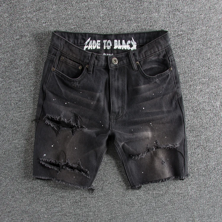 

Retro Washed Streetwear Hip Hop Men's Denim Shorts Distressed Paint Splatter mid Waist Casual Straight Leg Summer Breathable