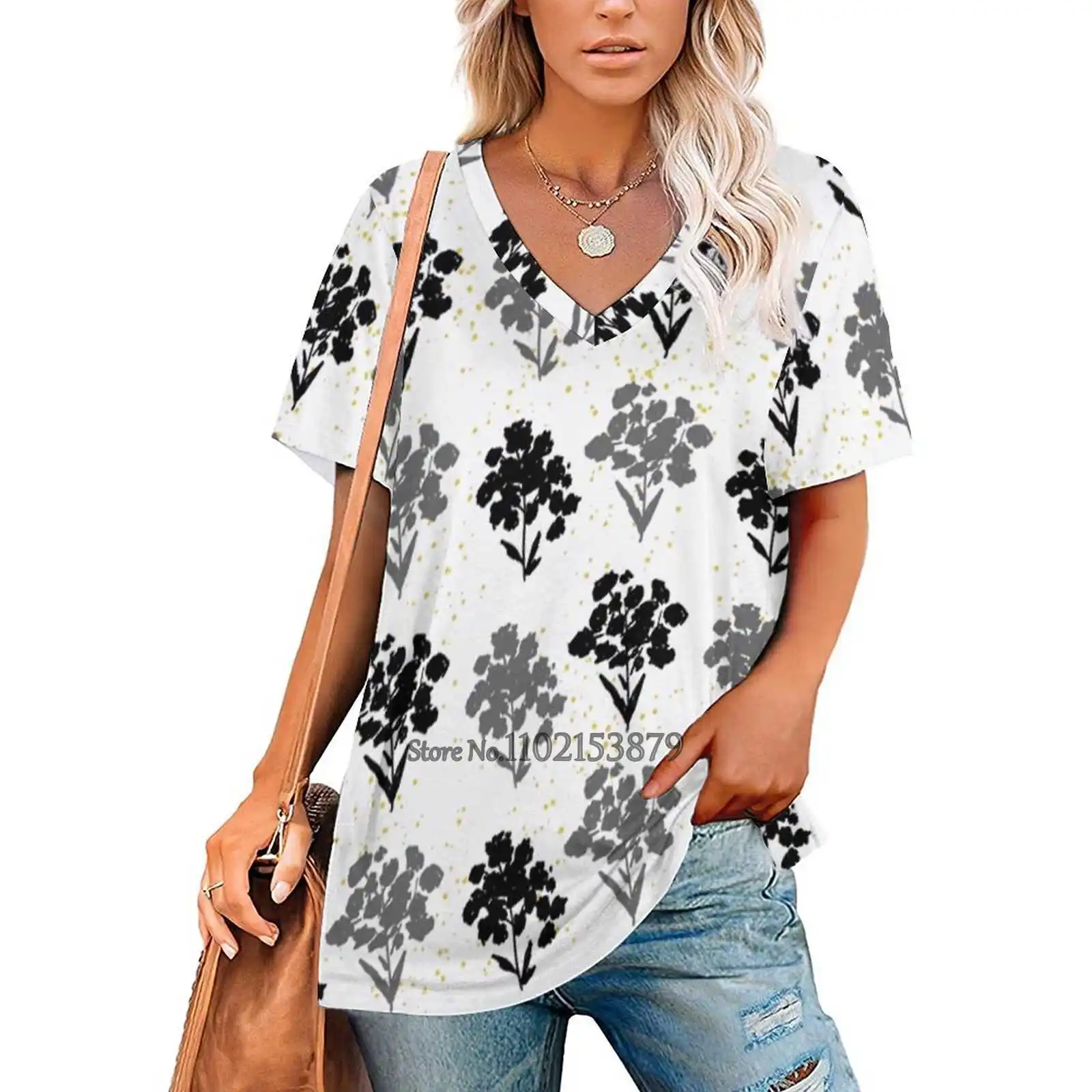 Flowers In Black & Gray With Yellow Dots / Repeat Pattern / Women's T-Shirt Casual Short Sleeved Tops V-Neck Zipper Tee Ladies