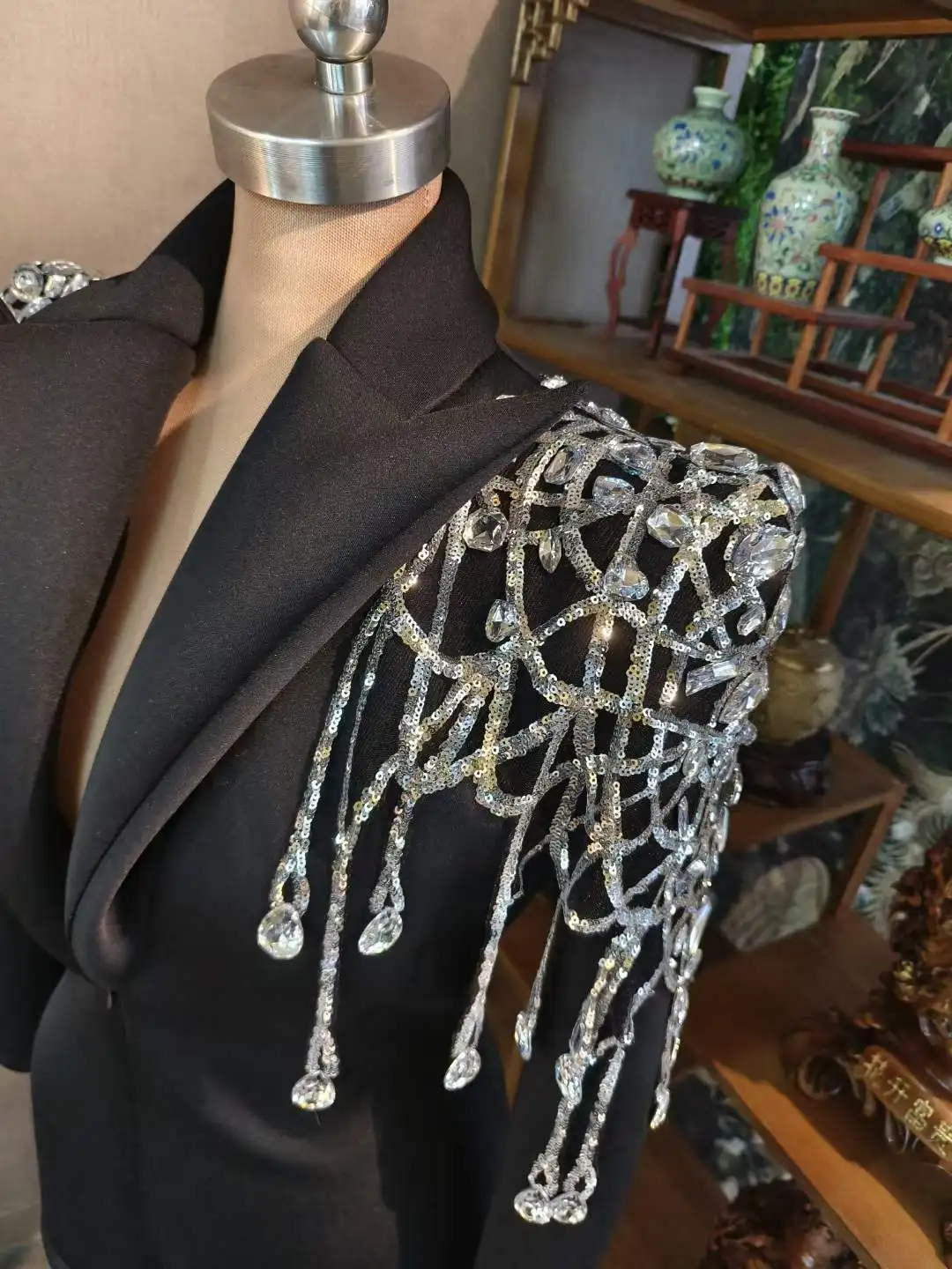 Blazer de Style Futuriste avec Franges Strass pour Femme, Tenue de Drag Queen, Costume de Performance de Chanteur de Scène, Noir, Anniversaire,