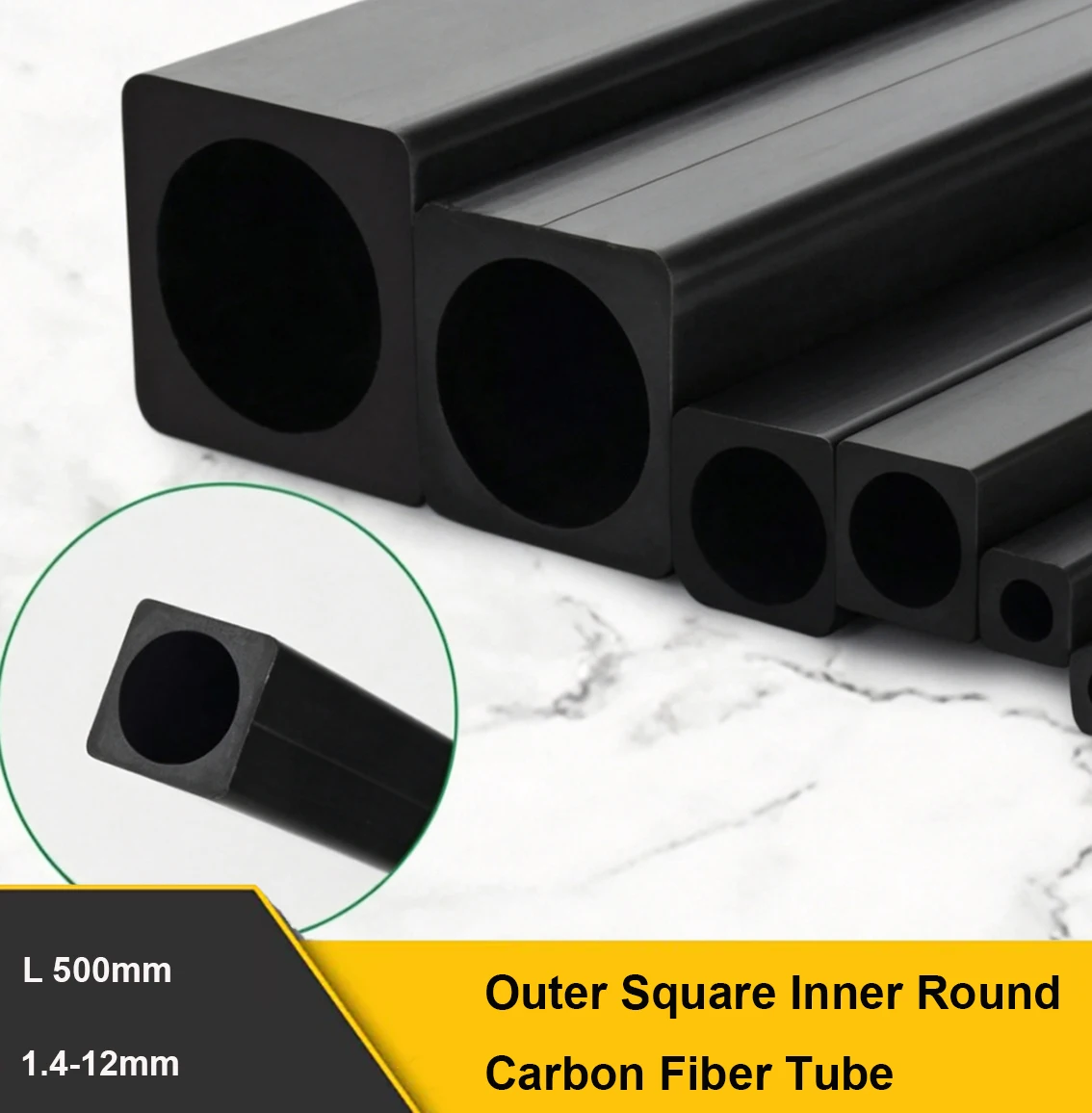 1-20Pcs Outer Square Inner Round Carbon Fiber Tube High-Density Mechanical Equipment Support/Model Material Accessories 1.4-12mm