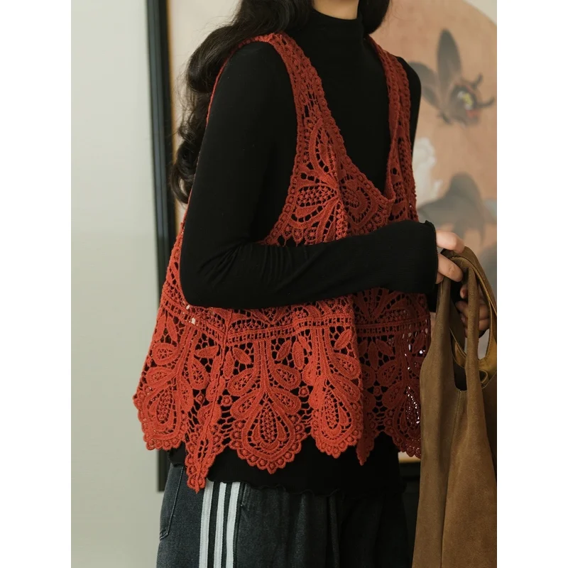 Gilet tricoté brodé en dentelle, série printemps et automne, vêtements d'extérieur du début du printemps, gilet ajouré à fil fin et ample de Style étranger
