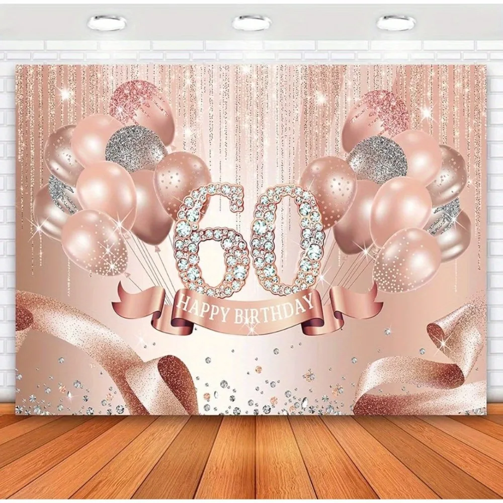 Rose Golden Happy 60th Birthday Backdrop Decorations For Women Pink Glitter Ribbon Balloons Dots Photography Background