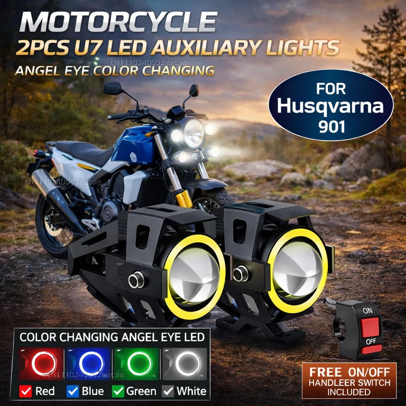 Waterproof Motorcycle LED Headlight 3000LMW U7 Motorbike LED Driving Fog Spot Light with Switch For Husqvarna Norden 901