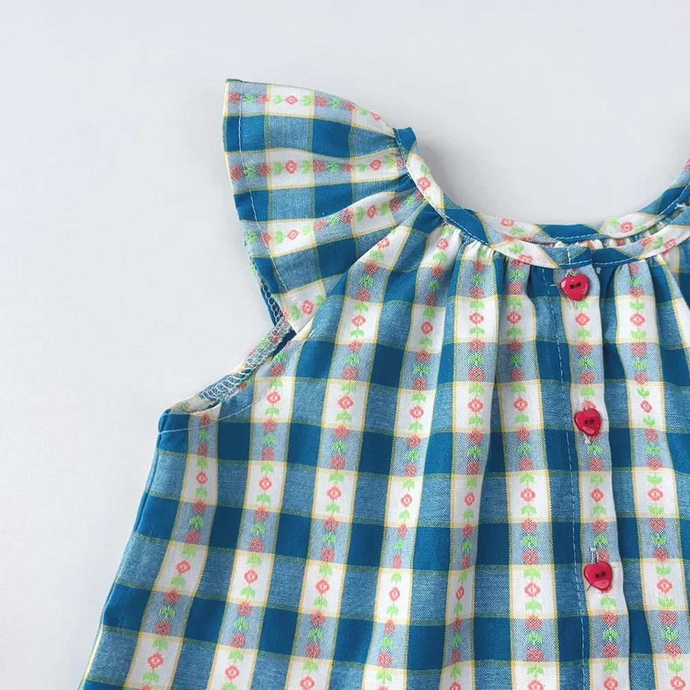 Mädchen Kleidung Sommer Rundhals Einreiher Gitter Fliegende Ärmel Top + Shorts Zwei-stück Set 1-5 Jahre alt Kinder Tragen – Detail 5