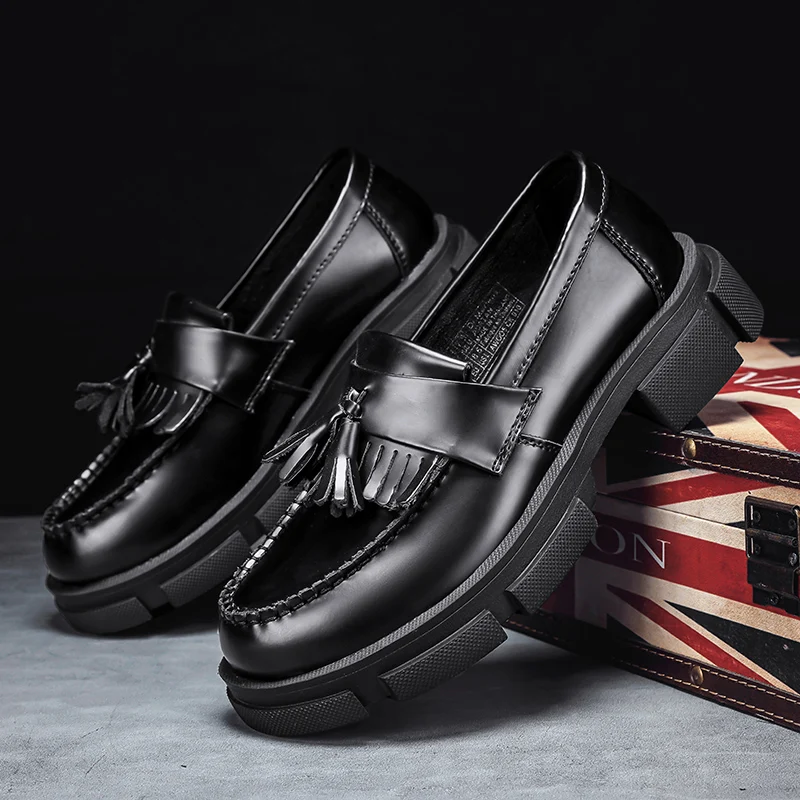 Genuine Leather Round Toe Tassel Loafers Mens Party Business Loafers Thick Men Dress Platform Shoes Preppy Style Breathable 2026